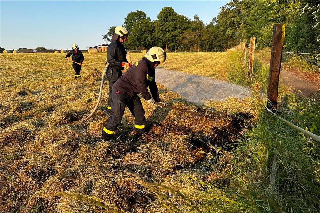 Brand an der Bestener Straße: Feuerwehr löscht brennenden Heuballen Die Feuerwehr löschte den brennenden Heuballen und das Feld.