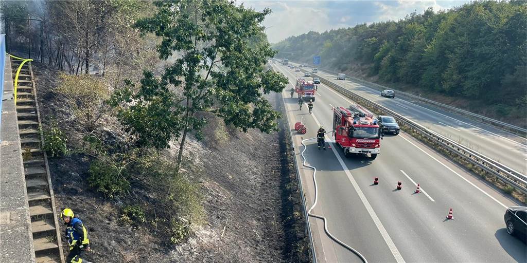 Waldbrand an der A31 und B 224: Alle Löschzüge alarmiert (mit Video) Feuerwehrfahrzeuge stehen wegen eines Böschungsbrandes an der A 31.