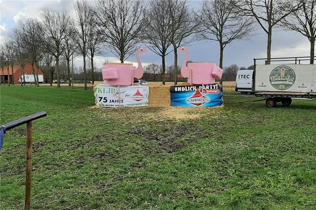 Die Flamingos im Zwillbrocker Venn hat die KLJB Zwillbrock aus Stroh nachgebaut. Wichtig: Die Figur am Rand hat natürlich ein Fernglas und keine Jagdflinte in der Hand.