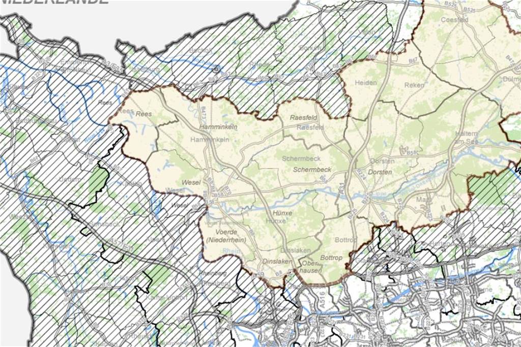 Schermbecker Wolfsrudel „erobert“ neue Jagdgründe - auch in Großstadt Die Förderkulisse Westmünsterland mit der umgebenden Pufferzone (schraffiert)