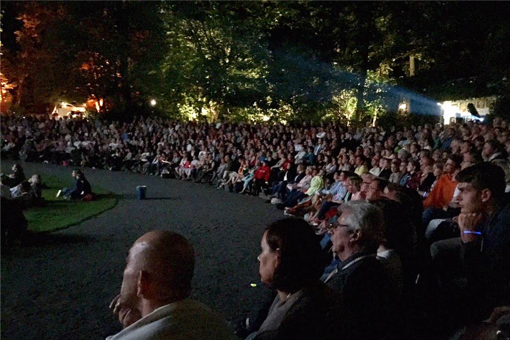 Menschen sitzen beim Open-Air-Kino in der Freilichtbühne.