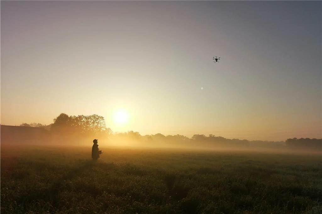 Jäger retten Kitze und Küken: Drohneneinsätze des Hegerings erfolgreich Ein Drohnenpilot im Morgennebel bei aufgehender Sonne