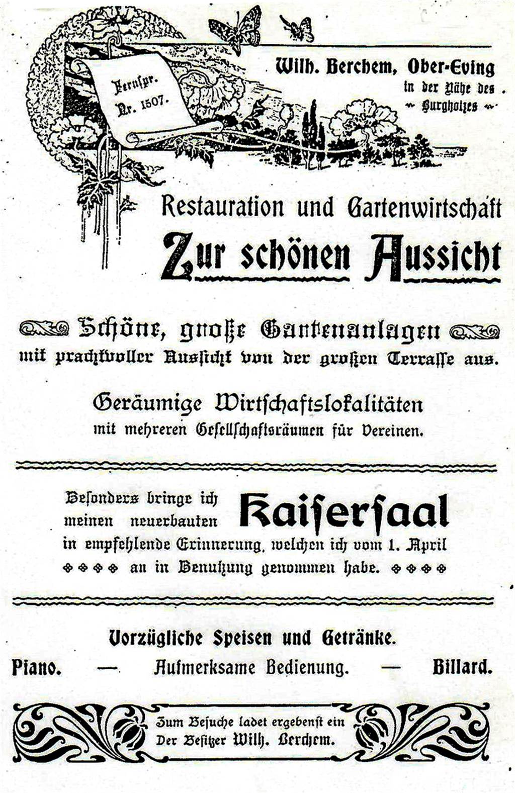 Kneipengeschichte: Als sich das Getränk in den Betonboden ätzte - für immer Die Gaststätte "Zur schönen Aussicht", Holthauser Str. 124, warb mit einer schönen Anzeige im Dortmunder Adressbuch von 1897