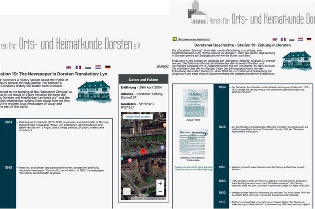 Geschichtsstationen nun digital und per Fuß- und Radrouten erreichbar Die Geschichtstationen sind sowohl in Deutsch als auch in französischer, niederländischer und zum Teil auch in englischer und polnischer Sprache beschrieben.