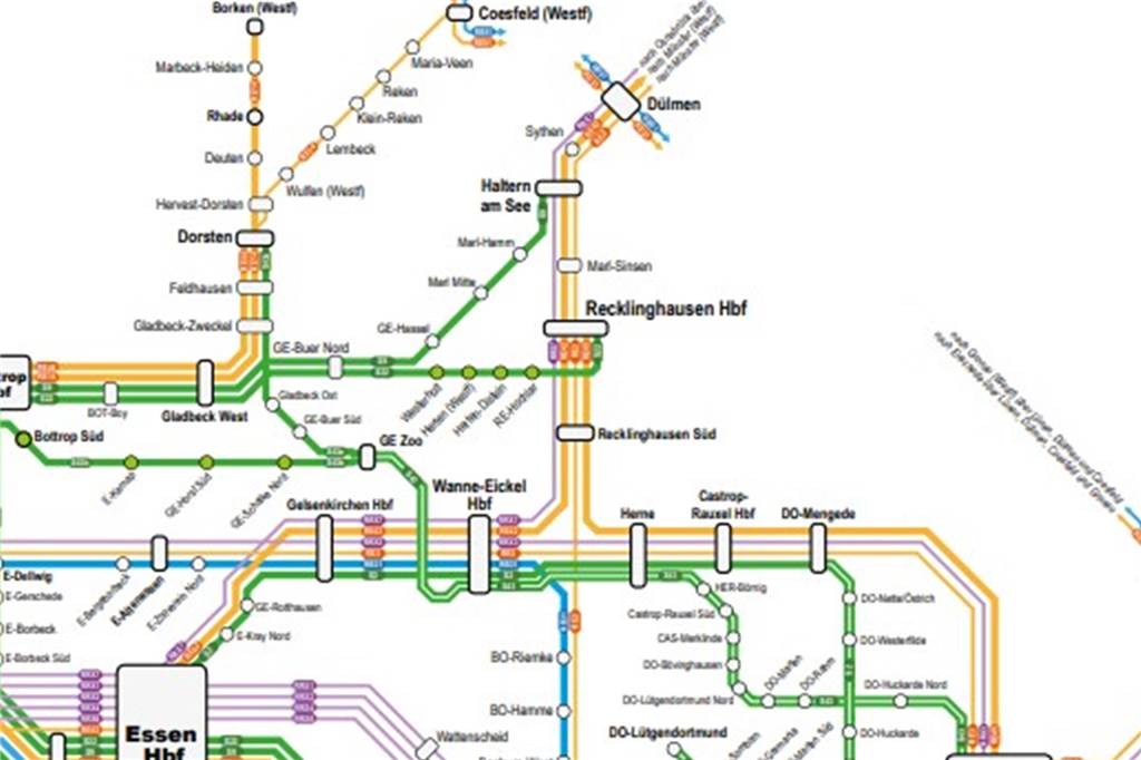 Die Zweifel am „Ersatzkonzept“ des VRR bestehen weiter Eine Grafik zeigt das Schienennetz im VRR-Gebiet mit dem Haltepunkt Sythen