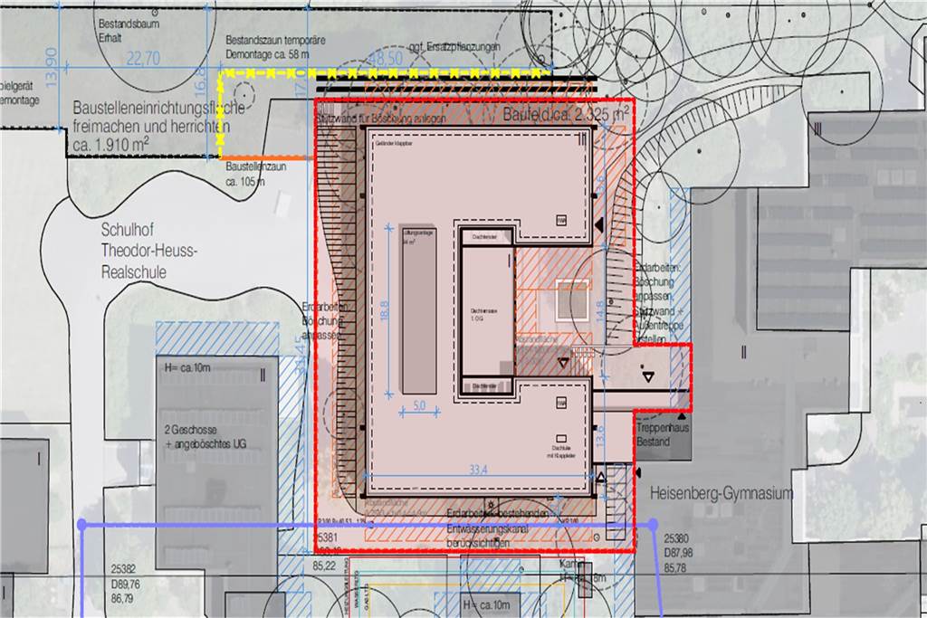 So viel Geld wie nie für Schul-Neubauten in Brackel, Eving und Scharnhorst Die Grafik zeigt, dass sich der Neubau des Heisenberg-Gymnasiums an die bestehende Bebauung anschließt