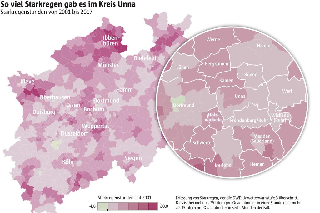 Starkregen kann jeden treffen Die Grafik zeigt die Häufigkeit von Starkregenereignissen in der Region. Grafik: Gesamtverband der Deutschen Versicherungswirtschaft (GDV)/Deutscher Wetterdienst (DWD)