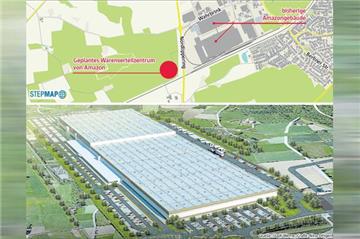Die Grafik zeigt, wie der Neubau von Amazon in Werne aussehen soll - und wo er entstehen soll.