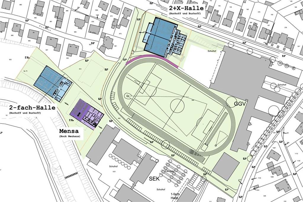 Einigkeit beim Schulzentrum: Pläne für bis zu 25 Millionen Euro beschlossen Die große Halle soll an der Zwillbrocker Straße stehen, die Zweifach-Halle und das Mensa-Werkstatt-Gebäude westlich der Sekundarschule. Die ganz konkrete Positionierung wird noch geprüft.