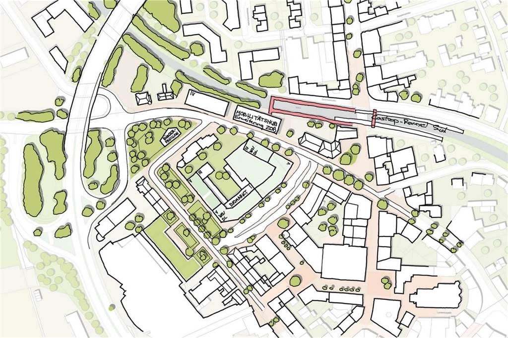 Drei Pläne für eine andere Altstadt: Visionen für Busbahnhof, Bunker und Co. Die "grüne" Variante 2 erhält den ZOB am Münsterplatz. Auch das Küchenstudio bleibt, das Postgebäude wird umgebaut und umgebutzt. Der Bunker wird begrünt.