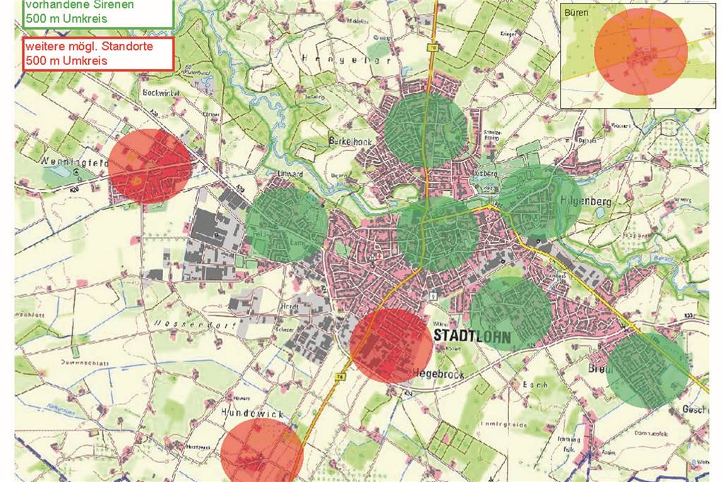 Vier neue Sirenen warnen die Stadtlohner im Katastrophenfall Die grünen Kreise markieren die bestehenden Sirenenstandorte. Die roten Kreise zeigen die neuen vier Standorte an.