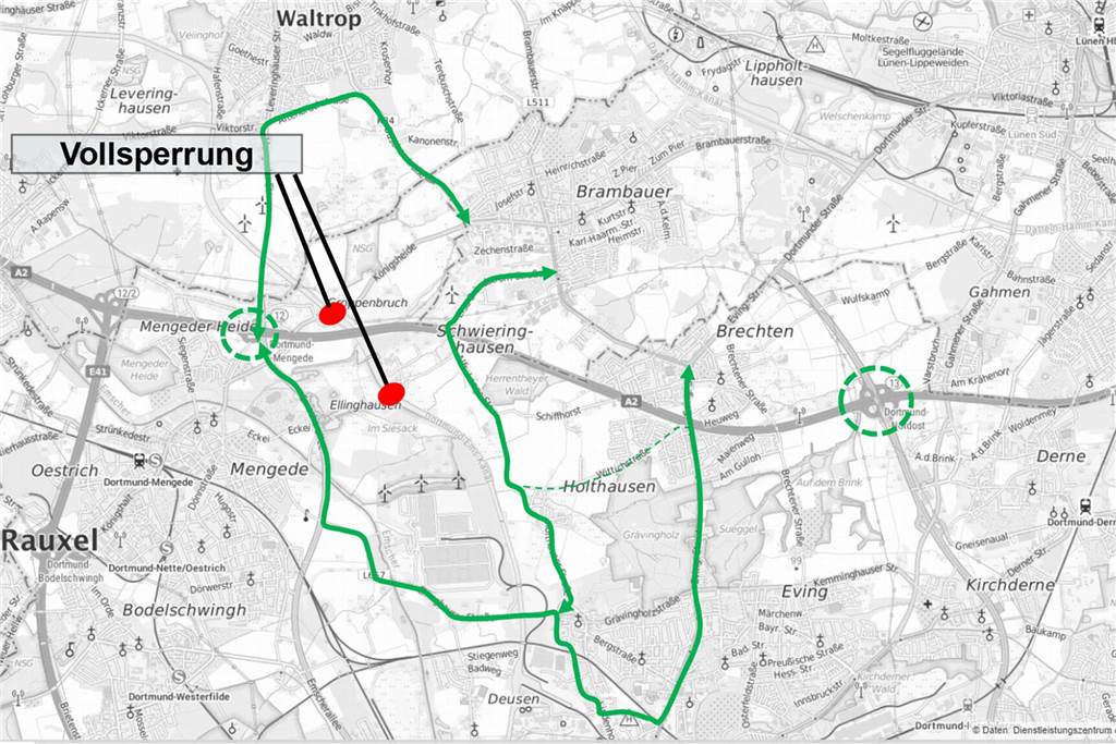 Kanalbrücke Groppenbruch: Bezirksvertretung diskutiert Maßnahmen Karte des Gebiets der Dortmunder Stadtgrenze zu Lünen und Waltrop. Rote Punkte markieren die beiden maroden Brücken, grüne Linien die drei Umleitungsstrecken.