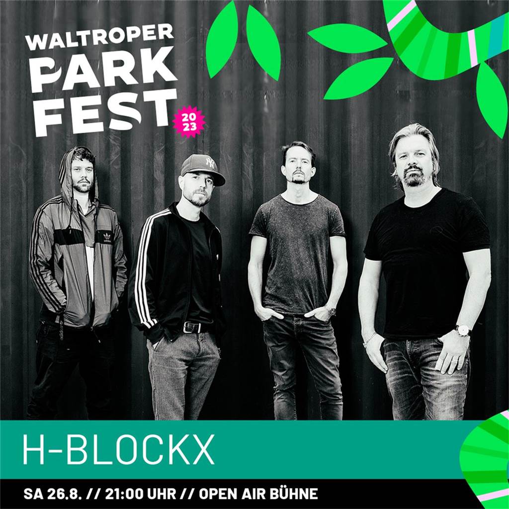 Das Plakat für das Waltroper Parkfest 2023 zeigt eine Schwarz-Weiß-Aufnahme der Band H-Blockx.