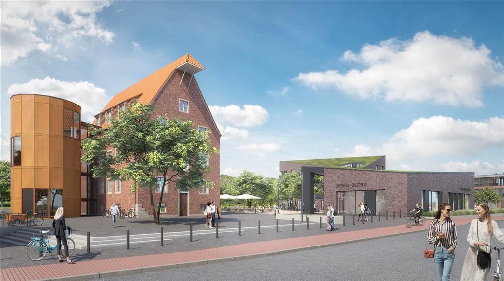Mühlenplatz: Gastronomie, Wohnen und Praxen am Berkelufer Die historische Berkelmühle und der geplante Pavillon an der Burgstraße