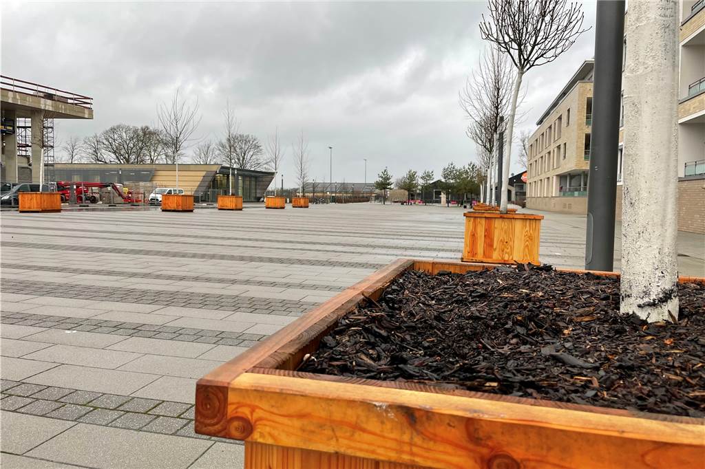Orlowski nennt 15 neue mobile Bäume „wichtigen Beitrag“ zum Klimaschutz Die Holzkübel lassen sich verrücken, sorgen dafür, dass die Feuerwehr noch durchkommt und bieten Platz für Feste. Im Hintergrund: Fest eingepflanzte Bäume auf dem Campus-Platz.