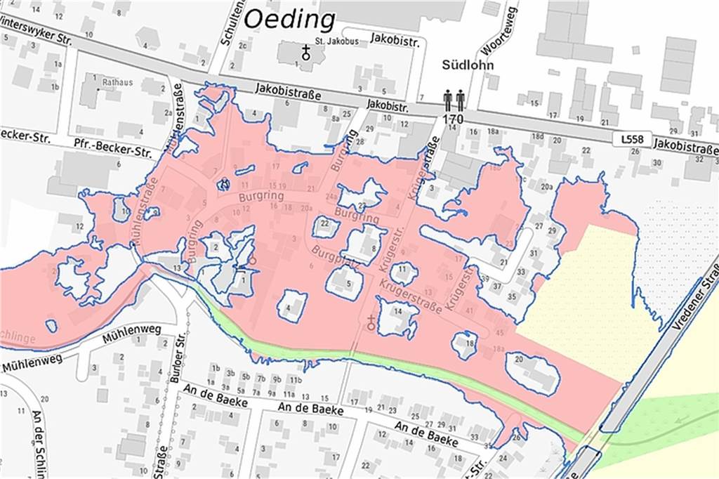 Schutz vor Jahrhunderthochwasser: Maßnahmen müssen gerade in Oeding wirken Die HQ100-Karte für den Kern von Oeding. Problematisch wird es an der Schlinge aus Richtung Südlohn ab der Unterquerung der Vredener Straße.