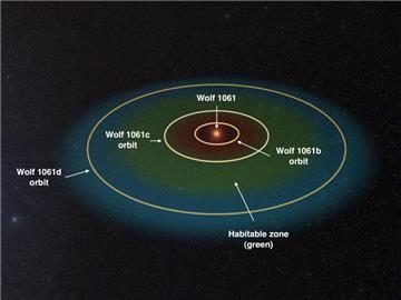 Die Illustration zeigt das Nachbarstern-System Wolf 1061, das 14 Lichtjahre entfernt ist, mit drei Planetenlaufbahnen. Der grüne Bereich zeigt die Zone an, in der Leben möglich wäre. Foto: UNSW Australia
