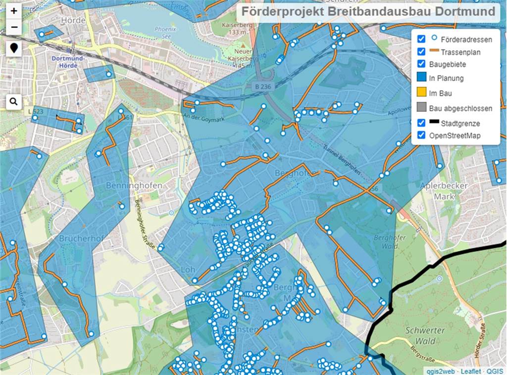 „Weiße Flecken“ im Dortmunder Süden bekommen schnelles Internet – nur wann? Die interaktive Ausbaukarte von Dokom21 zeigt an, welche Adressen von dem geförderten Ausbau profitieren.