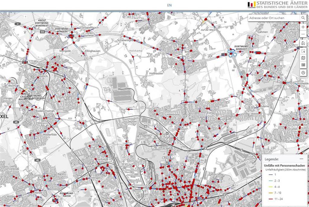 Unfallatlas für den Dortmunder Westen zeigt, wo es häufig kracht Screenshot von einem Kartenausschnitt des Dortmunder Westens im digitalen Unfallatlas der statistischen Ämter.