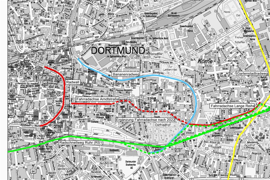 Parkplatz-Not durch Fahrradstraße - Anwohner fordern Gesamtkonzept Die Karte der Stadt Dortmund zeigt den Verlauf der geplanten Fahrradachse (rot) von der Langen Reihe (r.) über die Arndtstraße. Eine Unterbrechung gibt es im Bereich Robert-Koch-Straße.