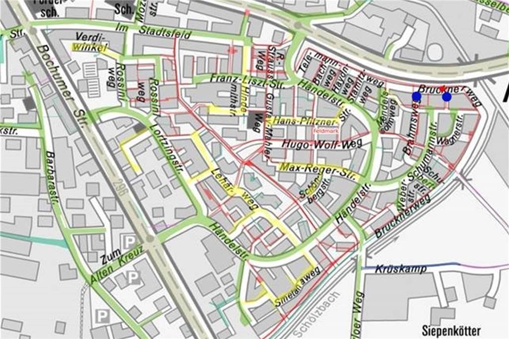 Neue Poller versperren die Zufahrt: Anwohner sind sauer Die Karte der Stadt zeigt im Stadtsfeld die uneingeschränkt nutzbaren Straßen in grün markiert. Gelb markiert sind eingeschränkt benutzbare Straßen, die in der Regel mit "Anlieger frei" gekennzeichnet sind. Die rot-markierten Wege sind für Fußgänger und Radfahrer vorgesehen. Mit blauen Punkten haben wir die Standorte der beiden neuen Poller eingezeichnet.