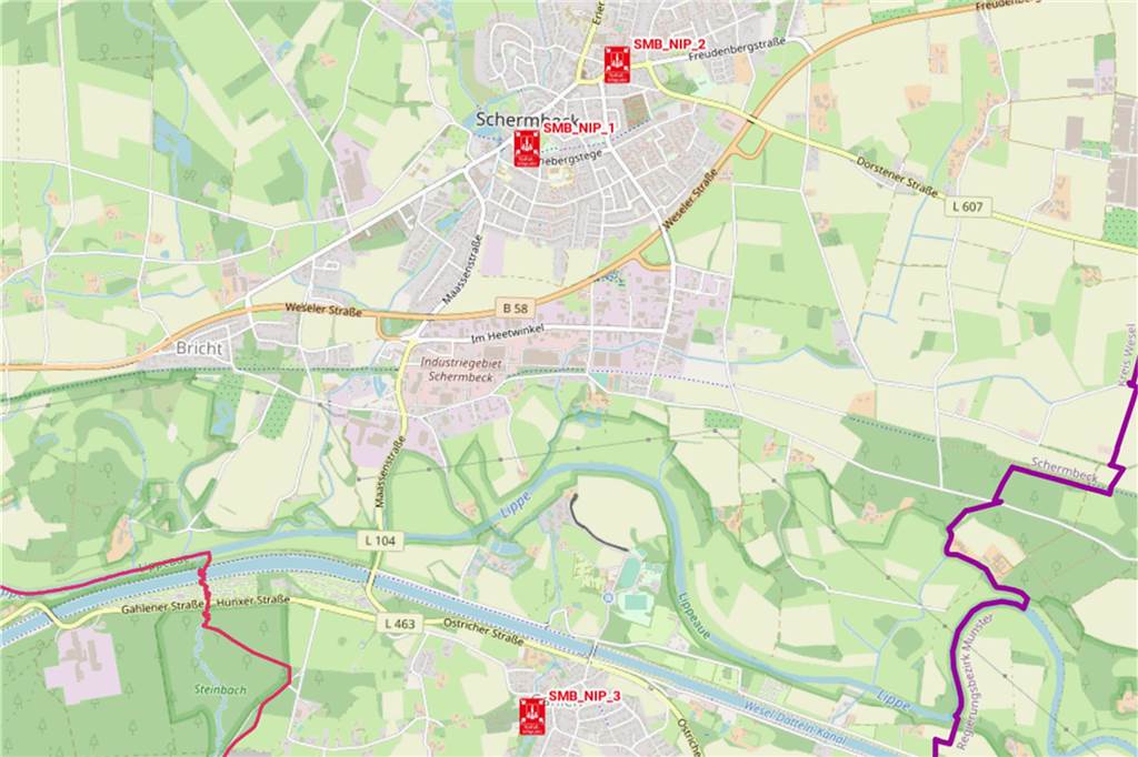 Schermbeck bekommt drei Notfall-Infopunkte Die Karte des Kreises Wesel zeigt die Notfall-Infopunkte in Schermbeck.