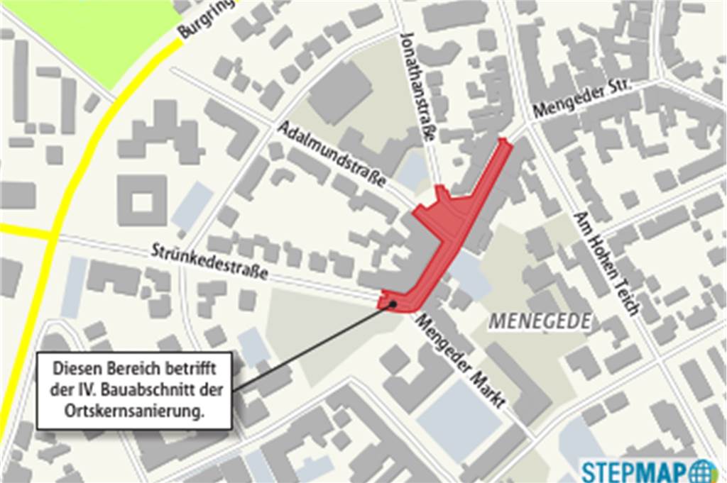 Mengeder Straße gesperrt: Ortskernsanierung wird zum Mysterium Die Karte zeigt den Bereich des Mengeder Ortskerns, der saniert werden soll. Die Fahrbahn wird erneuert. Parkbuchten werden angelegt. Bürgersteige und der Platz an der Jonathan-/Adalmundstraße erhalten mehr Aufenthaltsqualität.