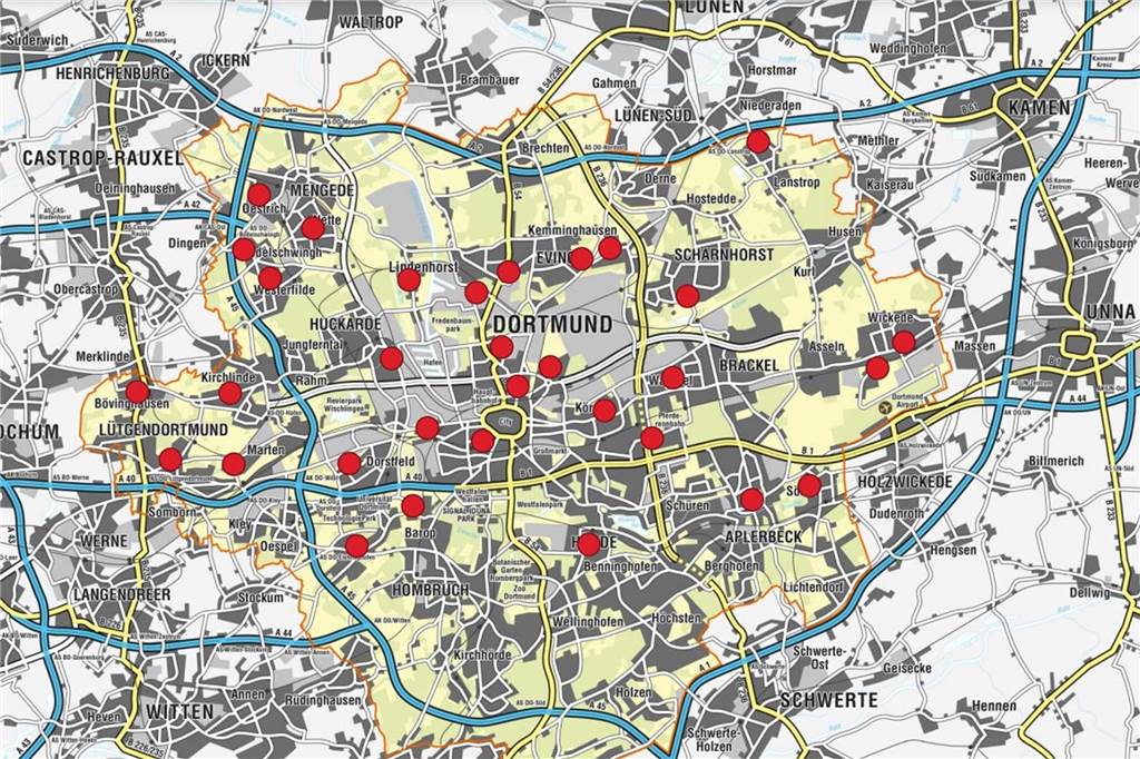 Warntag mit SMS, Warn-App und Sirenen am Donnerstag Die Karte zeigt die 32 Sirenen-Standorte in Dortmund, die am Donnerstag getestet werden.
