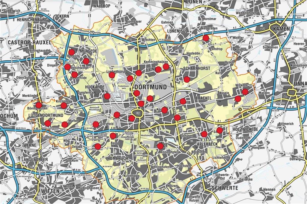 Die Karte zeigt die 32 Sirenen-Standorte in Dortmund, die am Donnerstag getestet wurden.