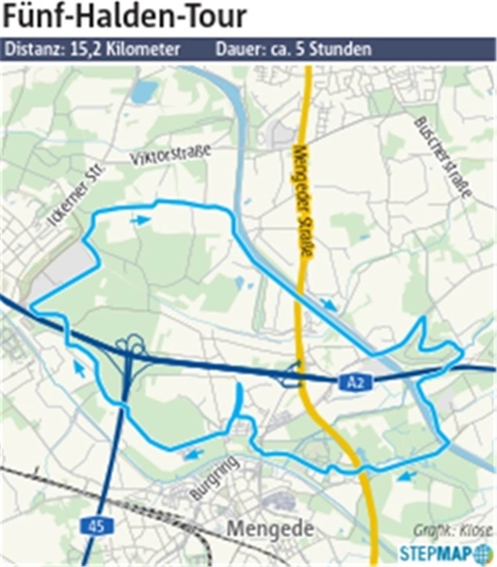 Wander-Experte empfiehlt Fünf-Halden-Tour gegen den Corona-Blues Die Karte zeigt die Die 5-Halden-Tour im Bereich Mengede.