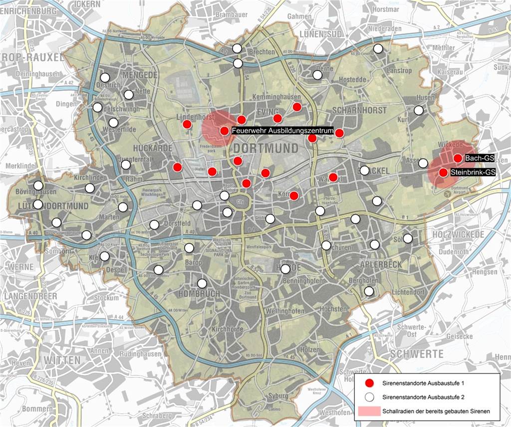 Probealarm in Dortmund – Warum an vielen Orten nichts zu hören war Die Karte zeigt die Sirenen-Standorte der ersten Ausbaustufe (rot), die alle nördlich der B1 liegen, und der zweiten Ausbaustufe (weiß) entlang von Verkehrswegen.