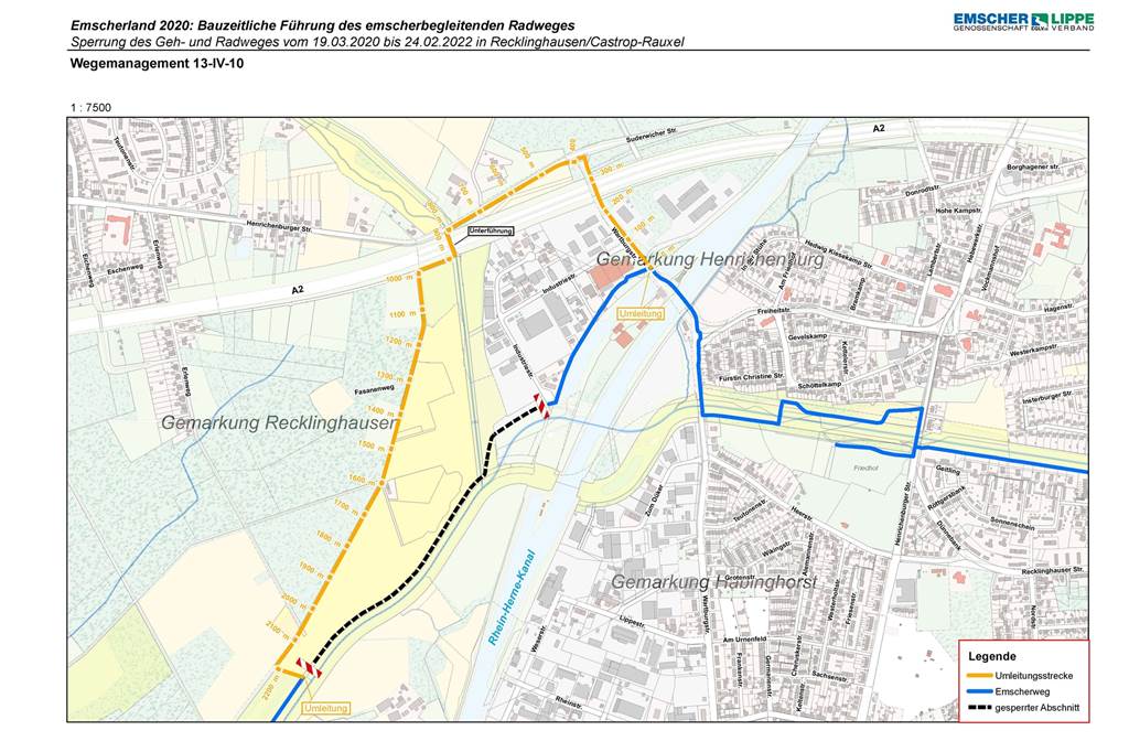 Bau des Emscher Radwegs verzögert sich: Umleitung „ist kein Vergnügen“ Die Karte zeigt die Umleitung, die eigentlich am 24.2.2022 passé sein sollte.