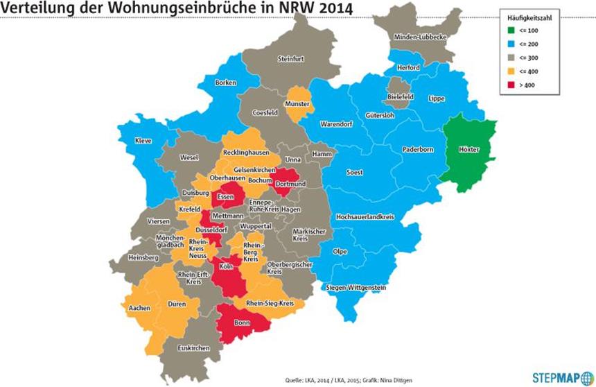 Wenn Fremde in die eigene Wohnung eindringen Die Karte zeigt, wie viele Einbrüche es im Jahr 2014 auf 100.000 Einwohner gab. Es handelt sich dabei um sogenannte "Häufigkeitszahlen".