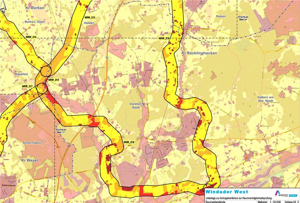 Windader West: Karte zeigt mögliche Stromtrasse durch Dorsten Die Karte zeigt, wo Amprion sich einen möglichen Trassenverlauf in Dorsten vorstellen könnte.