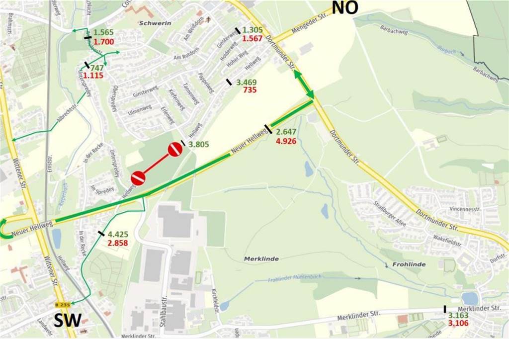 Wird der Hellweg bald gesperrt? Stadt will Lebensqualität verbessern Die Karte zeigt, wo der Hellweg probeweise gesperrt war. Die Zahlen markieren den Ort der Verkehrszählung und zeigen die Vergleichswerte von Mai 2022 (rot) und Anfang 2021 (grün).