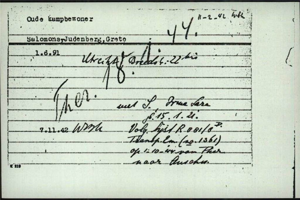 Die Karteikarte für Grete Salomons aus den Niederlanden.