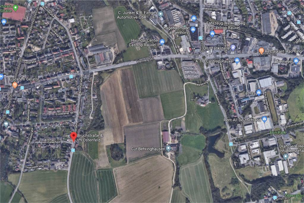 Neue Hinweise auf die giftige Schlange an der Castrop-Rauxeler Stadtgrenze Die Kobra ist in einem Haus an der Ecke Bruchstraße/Im Ostenfeld (siehe Markierung unten links) ausgebüxt.