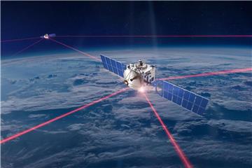 Die künstlerische Darstellung zeigt ein Lasernetz zwischen Satteliten. Foto: Mynaric AG/dpa