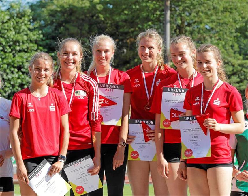 LGO-Staffeln holen Gold und Bronze Die Läuferinnen der LG Olympia aus Vor- und Endlauf feierten den Titelgewinn bei der U 23-DM.