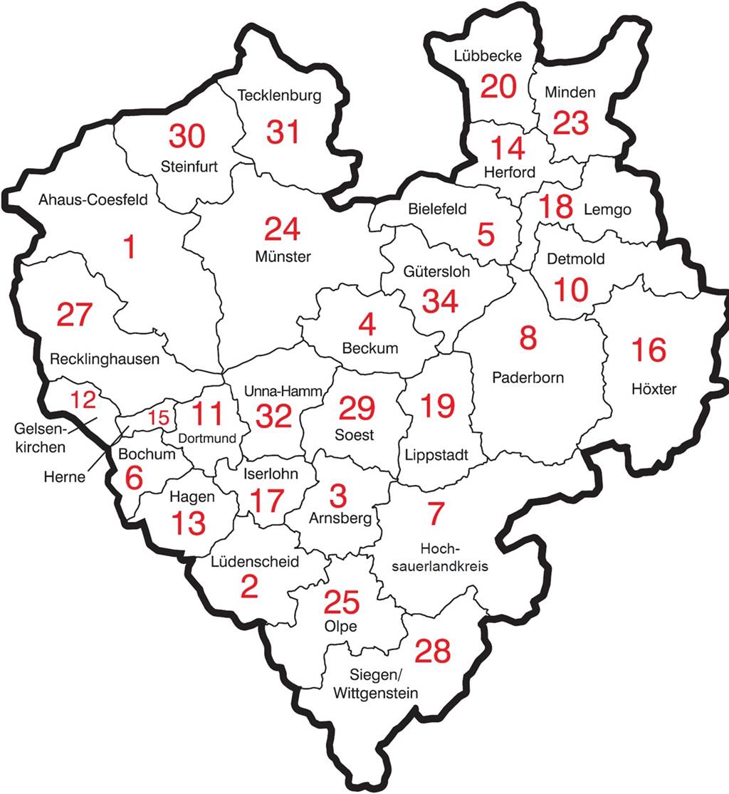 Castrop-Rauxeler Kreisliga-Fußballern drohten vor elf Jahren ultra-lange Auswärtsfahrten Die Landkarte mit den 29 FLVW-Kreisen, die Nummern bis 34 haben.