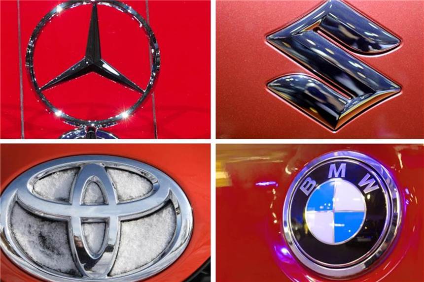 Die Logos von Mercedes, Suzuki, Toyota und BMW. Foto: Soeren Stache