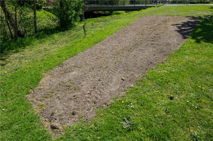 Graue Rechtecke verwandeln sich bald in Blühstreifen Die Mitarbeiter des Baubetriebshofes haben öffentliche Flächen für die Blühstreifen mit insektenfreundlichen Wildblumen vorbereitet.