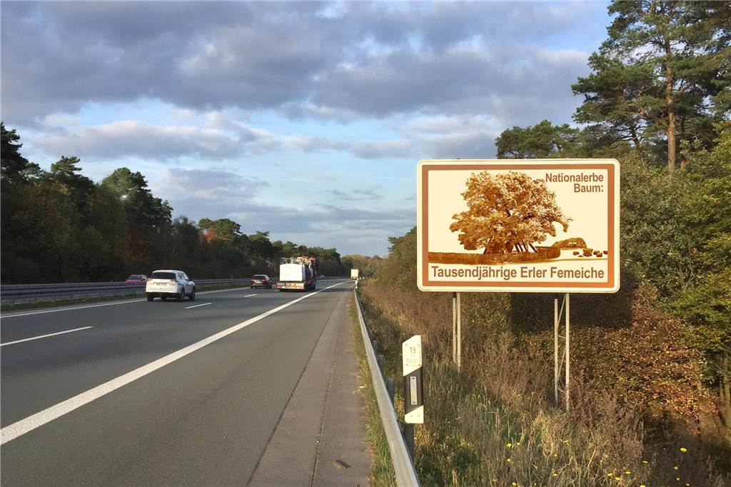 Schilder auf A31 weisen auf Femeiche in Erle hin – Standort steht fest Die Montage des Heimatvereins Erle zeigte das vorgeschlagene Design.
