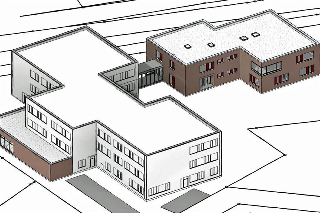 Wiehagenschule: Preissteigerungen bei Erweiterung und neuer Turnhalle Die Neubau-Pläne der Wiehagenschule (l. vergrößerte Mensa, r. oben der Erweiterungsbau) aus Richtung Nordosten gesehen.