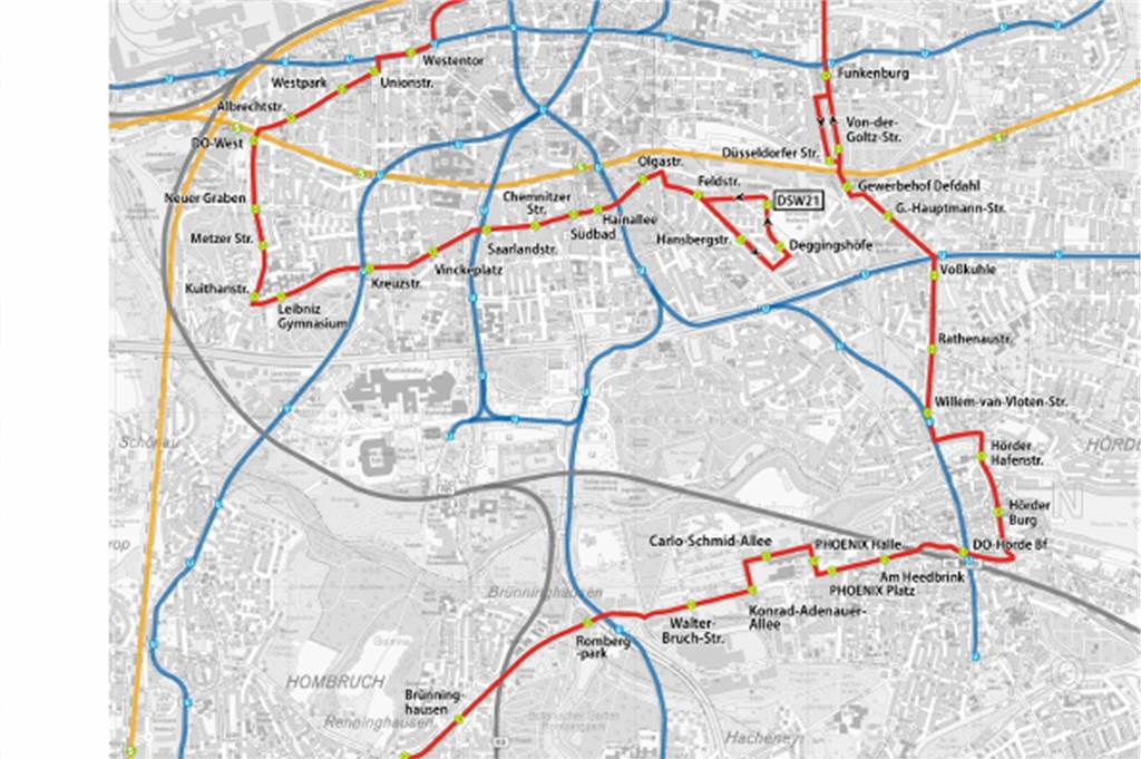 Großes Busprojekt: DSW21 will Dortmunder Autofahrer in die Busse locken Die neue Buslinie 400 (rote Linie) zieht sich ringförmig um die Dortmunder Innenstadt, führt teilweise aber auch in sie hinein.