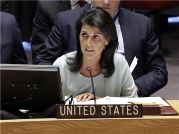Die neue US-Botschafterin bei den Vereinten Nationen, Nikki Haley, im Sicherheitsrat der UN. Foto: Richard Drew