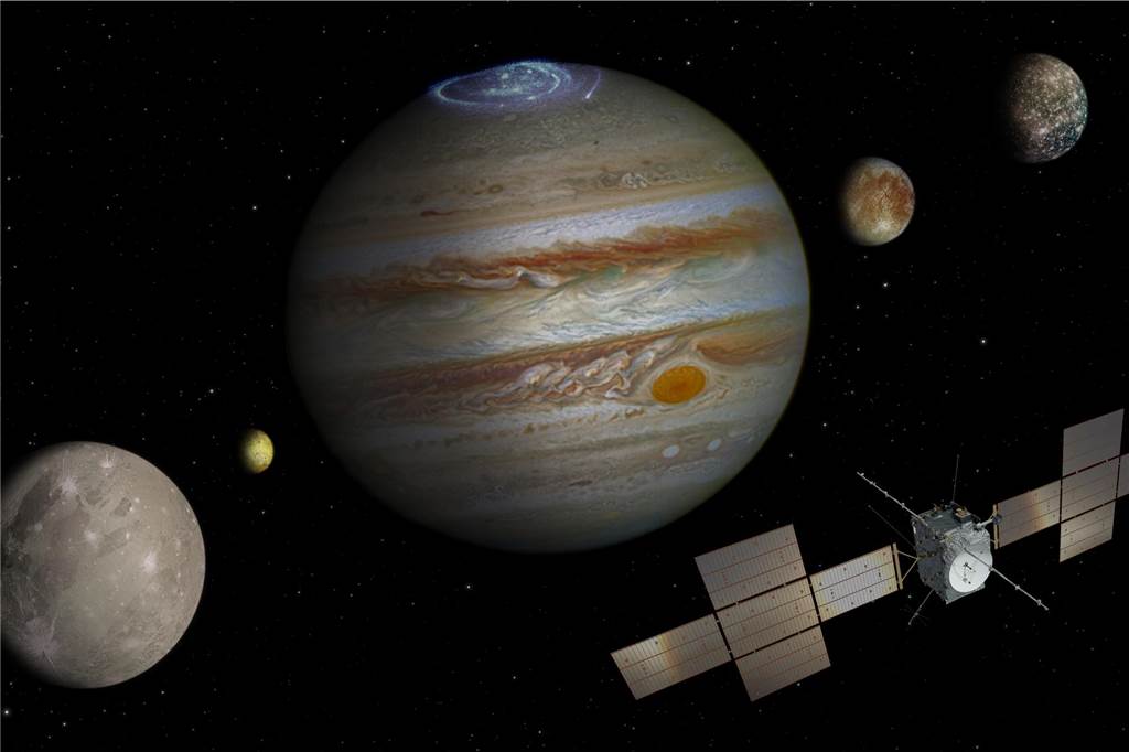 Neuer Startversuch für Jupiter-Sonde „Juice“ am Freitag: Die weiteste Reise der Esa Die nicht maßstabsgetreue Abbildung zeigt die Sonde «Juice», Jupiter (M) und die Monde Ganymed (l-r), Io, Europa und Kallisto.