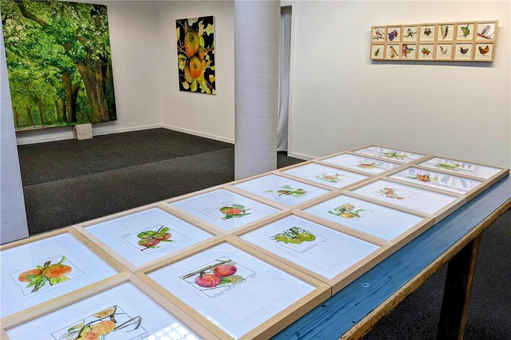 Buch und Ausstellung: Brigitte Stüwe zeigt paradiesische Werke Die Originalwerke der Kunstbuch-Edition sind auf einer langen Tafel angerichtet.