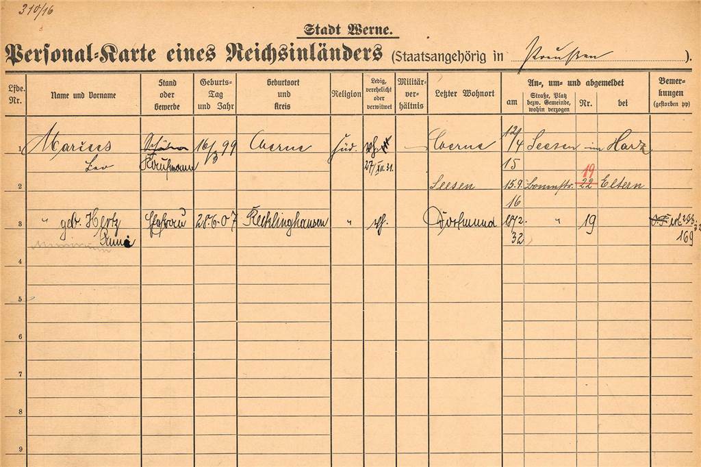 Erniedrigt und entblößt auf dem Marktplatz: Das Schicksal der Marcus‘ Die Personalkarte von Leo Marcus, die einen kurzzeitigen Wegzug des Sohnes aus Werne nachweist.