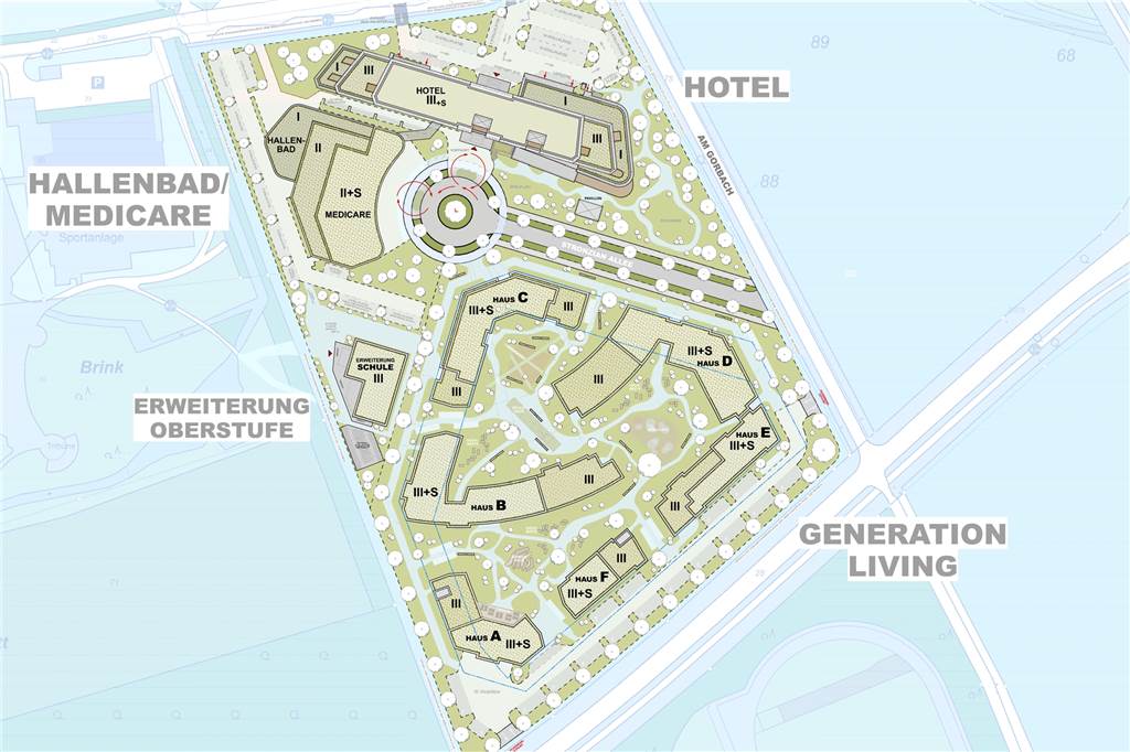Die Pläne für das Hotelquartier Nordkirchen sehen das Hotel, ein Hallenbad, ein Gesundheitszentrum, einen Erweiterungsbau der Oberstufe der Gesamtschule, eine Kita und Wohnhäuser vor.